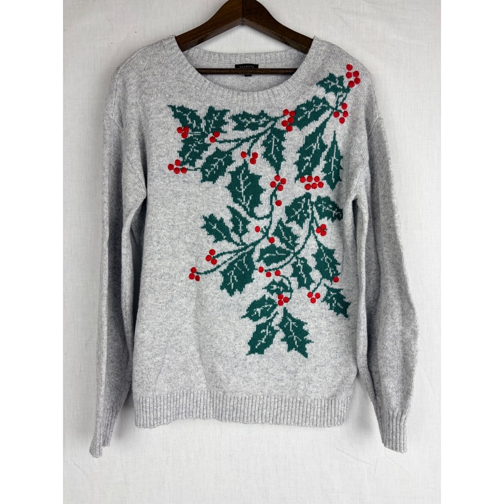 Talbots Womens Gray Holly Berry Intarsia Holiday Christmas Crewneck Sweater M - Picture 3 of 14